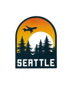 Seattle Jet Flying Over Sun and Evergreens Sticker