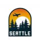 Seattle Jet Flying Over Sun and Evergreens Sticker
